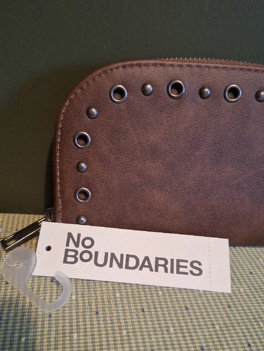 No Boundaries Brown Faux-Leather Studded Wristlet Wallet